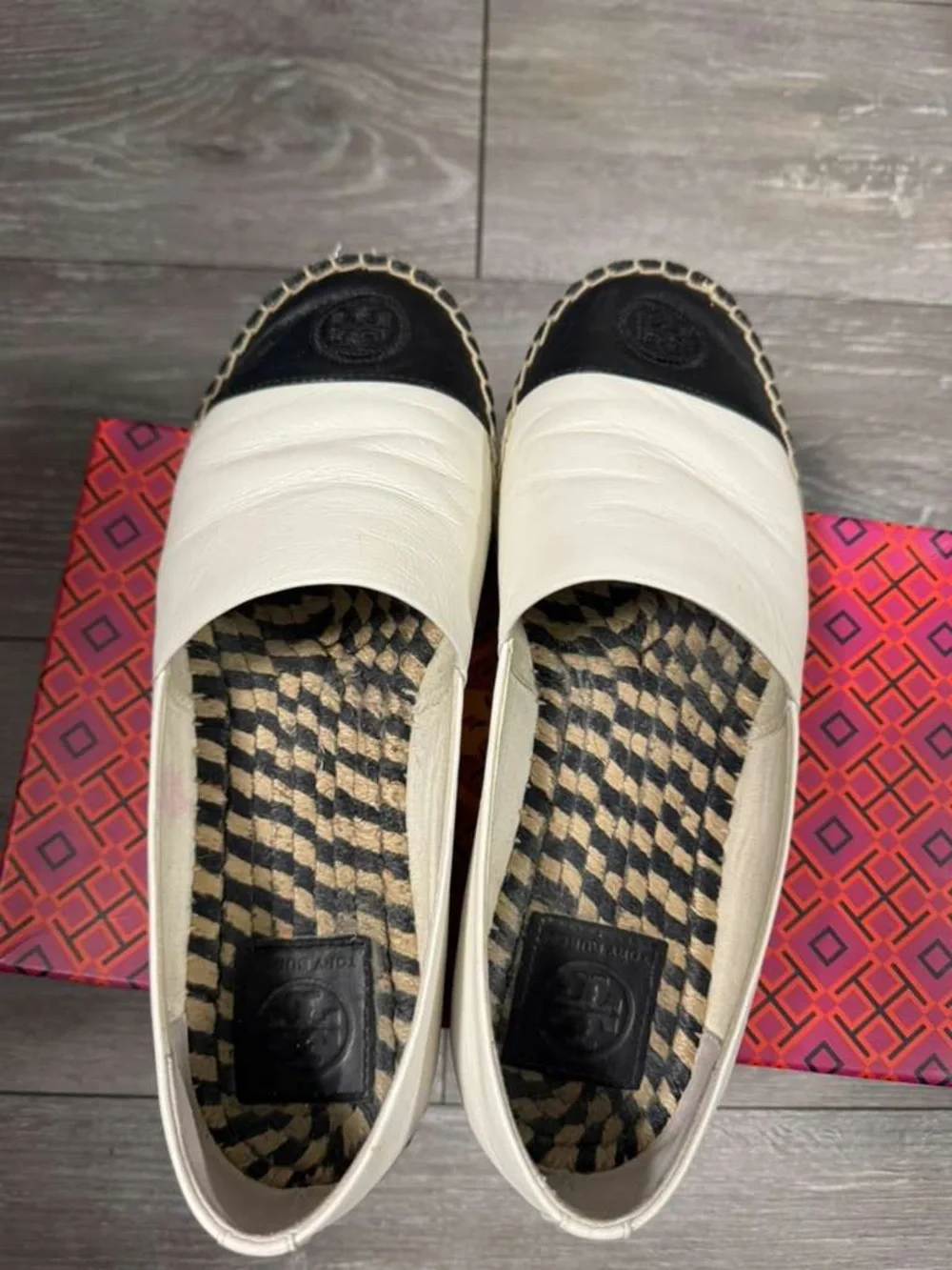 Tory Burch White Leather Espadrille Flats with Black Cap Toe
